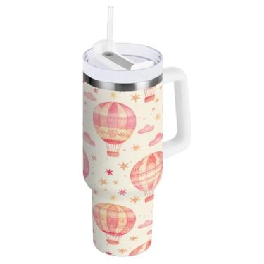 Imagem de Blueangle Copo isolado de 850 g com alça e tampa de canudo - Caneca de viagem de aço inoxidável à prova de vazamento, garrafa de água com balão de ar quente de parede dupla a vácuo em aquarela (117)