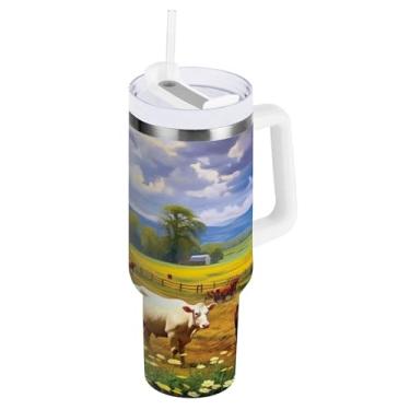 Imagem de xigua Copo Highland Cow de 850 g com tampa e canudo, aço inoxidável de vácuo duplo isolado garrafa de água esportiva suporte para copo de café de viagem à prova de vazamento para bebida gelada