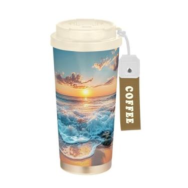 Imagem de SEHANY Caneca de viagem Summer Sea Beach Starfish 482 g Copos de café reutilizáveis revestidos de cerâmica com tampa à prova de vazamento, parede dupla, isolamento a vácuo, copo de café de aço