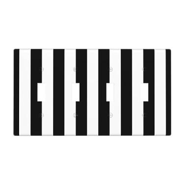 Imagem de Placa de parede com estampa listrada preta e branca, capa decorativa, tamanho padrão, painel de interruptor quádruplo para placas de luz, capas de interruptores para decoração de quarto e casa