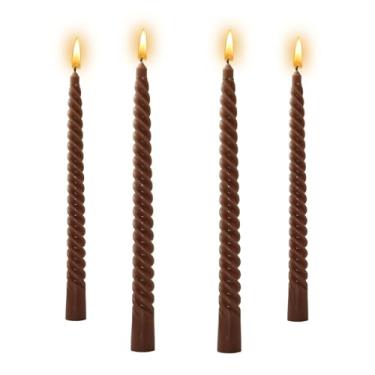 Imagem de Pacote com 4 velas cônicas em espiral de 25,4 cm para casamento, aniversário, Natal e primavera, castiçais torcidos de cozinha para jantar de Halloween, Ação de Graças (4, marrom, 25,4 cm)