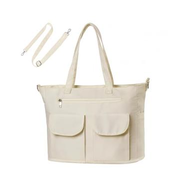 Imagem de DesKimdo Bolsa de trabalho feminina para uso diário preta com zíper, bolsa preta impermeável para viagem, academia, escola, Bege