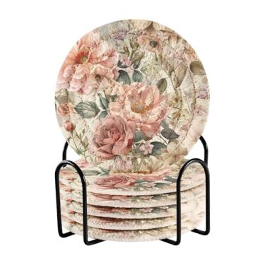 Imagem de Qilmy Conjunto de 6 peças para copos de peônias bonitas ou porta-copos de bar para bebidas, porta-copos de fazenda ou porta-copos de mesa rústicos, porta-copos modernos de algodão para o Natal 1779