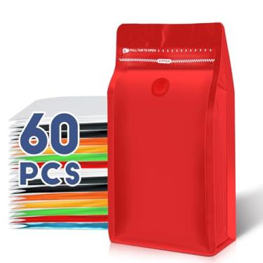 Imagem de Sacos de café com válvula (60 peças, 113 g, 0,1 kg) Sacos de embalagem de grãos de café ventilados de alta barreira, folha de alumínio, fundo plano, selado a calor, zíper lateral, saco de
