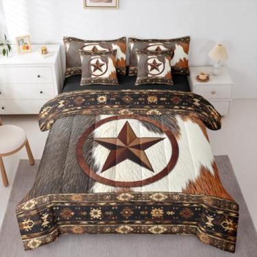 Imagem de Erosebridal Conjunto de edredom King Size Western Bed in a Bag | Conjunto de cama de fazenda rústica com estampa de couro bovino e estrela do oeste do Texas, conjunto de cama de campo, animais da