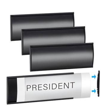 Imagem de Plecterco 4 placas de sinalização de escritório – 20,32 cm x 7,6 cm suportes de placa de nome curvados para escritório, placas de porta de montagem na parede com filme plástico e fita adesiva (preto)