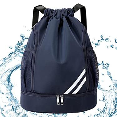 Imagem de Mochila Saco Corda,esportes anti-roubo resistente à água | Mochila corda para academia com bolsos malha e compartimento para sapatos para mulheres, homens e crianças Hulzogul Azul escuro
