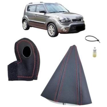 Imagem de Forro Coifa Courvin E Capa Couro Legitimo Manopla Câmbio Automático Compatível Com Soul Ex 2013 2014 (PRETO - COSTURA VERMELHA)