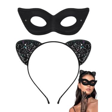 Imagem de Conjunto de acessórios de fantasia de gato preto com orelhas e máscara de baile de máscaras para adultos, festa de cosplay de Halloween