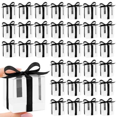 Imagem de Hxezoc Pacote com 50 caixas de lembrancinhas, 5 x 5 x 5 cm, transparentes com fitas pretas, mini caixas de presente de plástico para casamento, festa de aniversário, chá de bebê, suprimentos de