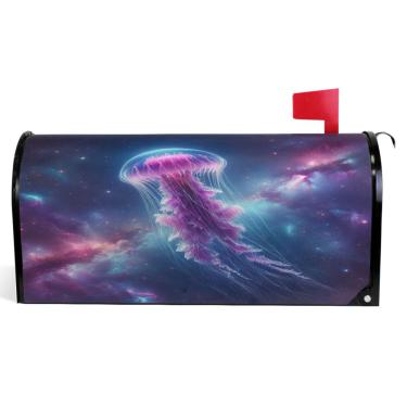 Imagem de TSENQUE Galaxy Jellyfish Capas de caixa de correio magnéticas roxas decorativas outono caixa de correio envoltório vinil caixa de correio moderna decoração de jardim tamanho padrão 52,6 x 45,8 cm