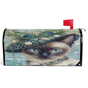 Imagem de TSENQUE Capas decorativas para caixa de correio magnética outono caixa de correio vinil à prova de intempéries feriado decoração vintage pérola real siamesa tamanho padrão 52,6 x 45,8 cm