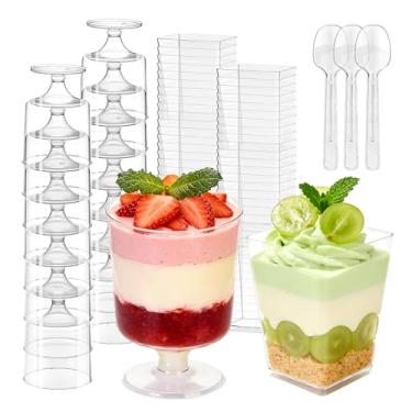 Imagem de Slomg Conjunto de 100 copos de plástico para sobremesa de 142 g com colheres, mini copos quadrados transparentes descartáveis de parfait, copos redondos, tigela reutilizável para servir festa para