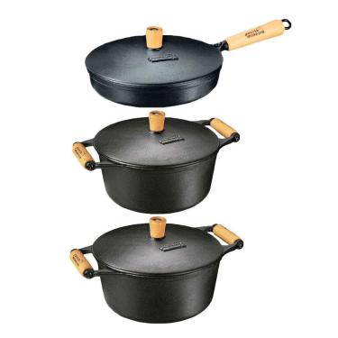 Imagem de Kit Caçarola Frigideira Ferro Alça E Cabo Madeira 19 E 25Cm