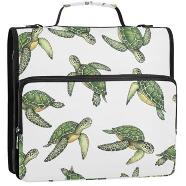 Imagem de Aquarela Tartarugas marinhas verdes brancas 3 anéis fichários de 3,8 cm D fichário organizador com zíper bolsa de fichário com alça para desenhos escolares vários bolsos pasta grande portfólio, 34,5 x