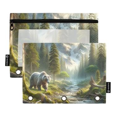 Imagem de Estojo de lápis moderno com 3 anéis, bolsa de lápis com zíper para paisagem de urso floresta, caneta, escola, fichários, bolsos, giz de cera, 25 x 18 cm, 2 pacotes
