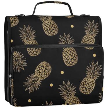 Imagem de Organizador de documentos com zíper, 3 fichários de 3,8 cm, anéis, abacaxis dourados, preto, estojo com alça para fichários escolares com alça de ombro, 34,5 x 31,5 x 9 cm