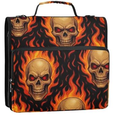 Imagem de Skulls fichário vermelho laranja fogo preto 3,8 cm 3 anéis organizador de fichários escolares bolsa com alça de ombro vários bolsos pasta grande portfólio, 34,5 x 31,5 x 9 cm