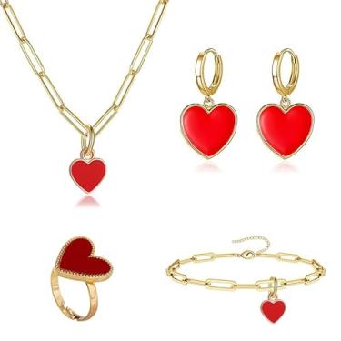 Imagem de ONLYJUMP 5 pares de brincos de coração vermelho amor colar pulseira e anel conjunto de joias para mulheres bonito cristal coração broches esmalte vermelho moda simples jóias, Large, Liga de aço