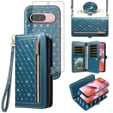 Imagem de Asuwish Capa de celular para Google Pixel 9/9 Pro 5G carteira com zíper destacável protetor de tela de vidro temperado alça transversal Bling Flip suporte para cartão de crédito Pixel9 9Pro Nove