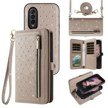 Imagem de Asuwish Capa de telefone para Samsung Galaxy Z Fold 3 5G 2021 carteira com zíper destacável capa magnética alça transversal Bling Flip suporte para cartão de crédito ZFold3 Z3 Fold3 3Z ZFold35G