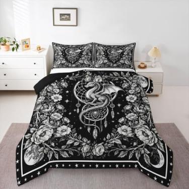Imagem de Erosebridal Conjunto de edredom gótico, dragão, caçador de sonhos, tamanho casal, para meninos | Conjunto de cama floral vintage de animais antigos, galáxia, decoração gótica preta