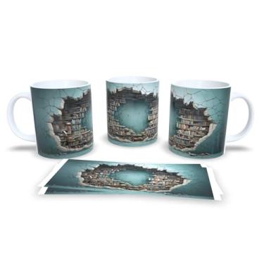 Imagem de Caneca de Cerâmica 325ml com Tema de Livros, Branca com Design de Biblioteca e Flores, para Amantes da Leitura (Estante de livros)