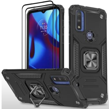 Imagem de HONG-AMY Capa para Moto G Play 2023 com 2 peças de protetor de tela de vidro temperado, grau militar duplo à prova de choque com suporte - preta