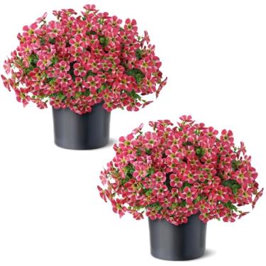 Imagem de 2 conjuntos de glória artificial da manhã e topiária de eucalipto – vasos de plantas de flores de seda sintética, arbustos falsos resistentes a UV para porta da frente, quintal, casa de fazenda