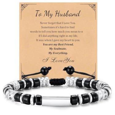 Imagem de Pulseiras masculinas com contas de cruz cristã – Pulseira masculina de ágata preta natural ajustável para confirmação de batismo e páscoa, presente legal de aniversário, dia dos namorados, pais