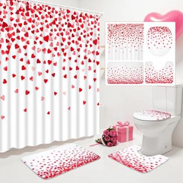 Imagem de YIDAKO Conjunto de 4 peças de cortina de chuveiro para banheiro, conjunto de banheiro de coração vermelho e rosa com tapetes antiderrapantes, tampa de vaso sanitário, tapete de banho, cortina de