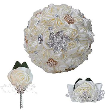Imagem de Lss9azznmm 20 cm feito à mão marfim seda rosa casamento flor noiva segurando flores pulso flor e flor na lapela casamento bouquet conjunto (cor: 20 cm marfim)