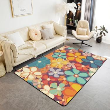 Imagem de Erosebridal Groovy Tapete de área de flores de 1,80 m x 1,78 m, tapetes antiderrapantes para sala de estar, festa dos anos 70, tapete floral, arco-íris, boêmio, hippie, tapete de corredor, vintage,