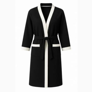 Imagem de Roupão de Banho Unissex Atoalhado Luxuoso – 100% Poliéster Preto com Branco, Felpudo Macio para Casa e Hotel