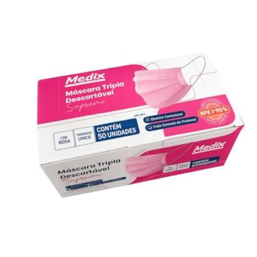 Imagem de Máscara Tripla Descartável Rosa Tamanho Único Medix 50 Un