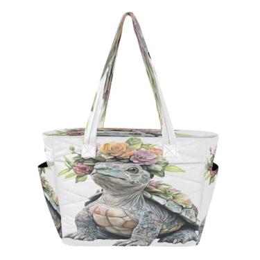 Imagem de Burbuja Sacola feminina com coroa de flores de tartaruga com bolsos, bolsa acolchoada leve para laptop, para viagem, escola, trabalho, academia
