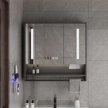 Imagem de Armário de remédios de banheiro inteligente de LED com espelho, interruptor de toque anti-embaçamento, armazenamento montado na parede, exibição de tempo, barra de toalha, suporte de papel