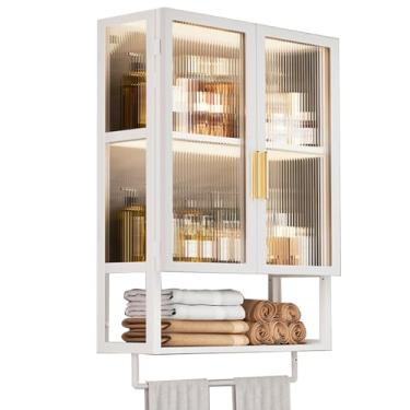 Imagem de Armário de banheiro montado na parede com barra de toalha, organizador de armazenamento de vaso sanitário de 2 portas para espaços pequenos - ideal para banheiro, lavanderia, sala de estar - branco