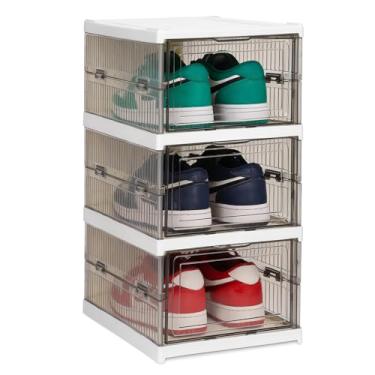 Imagem de LQCHETOU Caixa de armazenamento de sapatos, organizador de sapatos dobrável de 3 níveis sem montagem com porta transparente, suporte para sapatos que economiza espaço, suporte empilhável de plástico