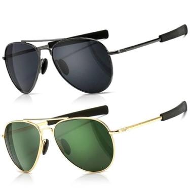 Imagem de SUNGAIT Óculos de sol aviador masculinos polarizados, estilo militar, 100% de proteção UV400, Pacote com 2 (Polarizado): Metálico/Cinza + Ouro/Verde, 0