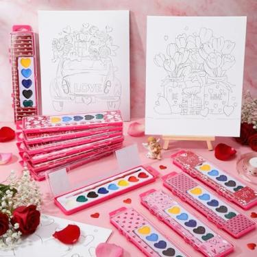 Imagem de Zhanmai Conjunto de 24 peças de pintura em tela pré-desenhada para o Dia dos Namorados com conjunto de tinta aquarela, presente de dia dos namorados, 8 cores laváveis com pincéis para artigos de arte