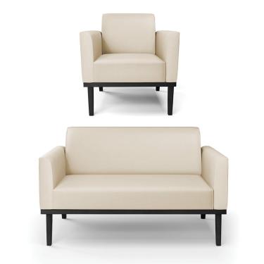 Imagem de Conjunto Poltrona e Namoradeira Decorativa Isabella Pés Fixo em Madeira Preto PU Bege G19 - Gran Belo