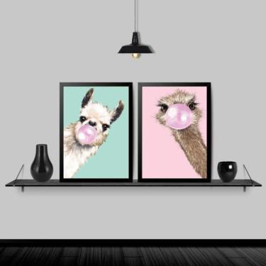 Imagem de Kit 2 Quadros Lhama E Avestruz Chiclete 24X18 Moldura Preta