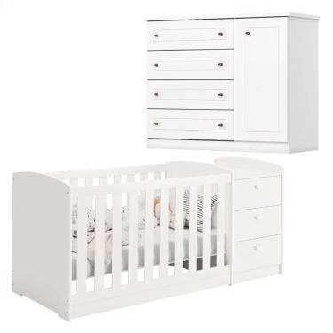 Imagem de Berço Multifuncional Atlanta e Cômoda Infantil Americano Branco Fosco Henn - Reller