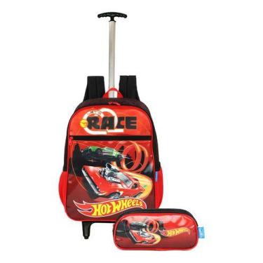Imagem de Kit Mochila Hot Wheels Meninos Estojo Escolar Rodinhas Nova