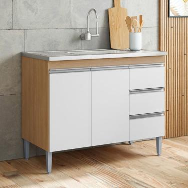 Imagem de Balcão Gabinete Cozinha Andréia 100cm 2 Portas Sem Tampo MDP Amêndoa Branco - Desk Design