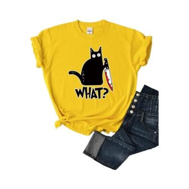 Imagem de Camiseta Feminina De Verão Com Estampa De Gato Preto, Manga Curta, Mod