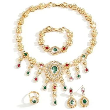 Imagem de Missgrace Conjunto de joias de cristal indiano verde vermelho strass cristal nupcial colar colar brincos pulseira conjunto de anéis formais bar festa lágrima colar delicado brincos para mulheres