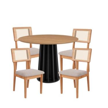 Imagem de Kit Mesa de Jantar Redonda com Detalhe Ripado MDF com 4 Cadeiras Estof