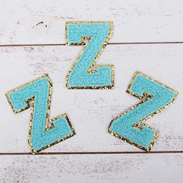 Imagem de Pacote com 3 adesivos universitários Chenille Iron On Glitter com 5 cm de altura - Tecido de chenille azul com acabamento em glitter dourado - Costurar ou passar a ferro - 5 cm BLU Z